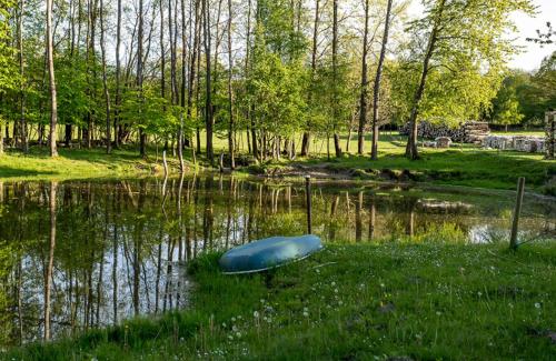 a blue boat sitting in the middle of a pond at Björkeslund in Veberöd