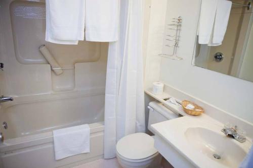 a white bathroom with a toilet and a sink at Clansman Motel in North Sydney