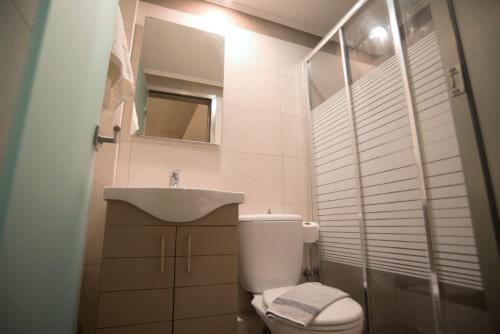 a bathroom with a white toilet and a sink at Studios Artemis in Lefkada Town