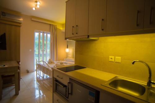 a kitchen with a sink and a counter top at Studios Artemis in Lefkada