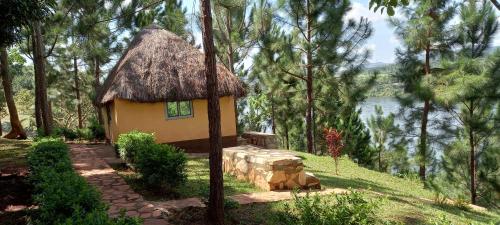 a small hut with a thatched roof in a forest at BN Private Beach in Jinja