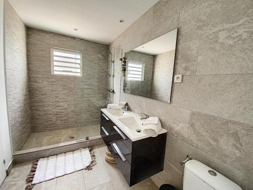 a bathroom with a sink and a shower and a mirror at Princess Coco, Beachfront, Pool, Orient Bay, ultra fast Wifi in Orient Bay