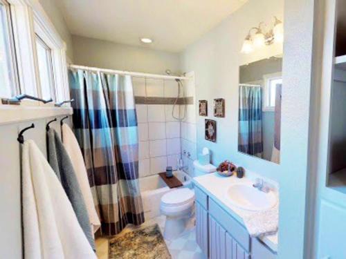 a bathroom with a sink and a toilet and a shower at The Blue Bungalow in Montrose