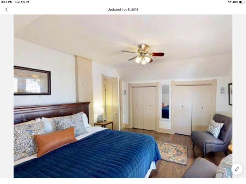 a bedroom with a blue bed and a ceiling fan at The Blue Bungalow in Montrose