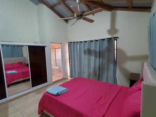 a bedroom with a pink bed and a mirror at Oasis de Paz 3 in Jarabacoa