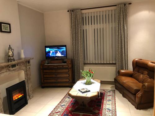 a living room with a couch and a television at Hoeve de Singel in Borgloon