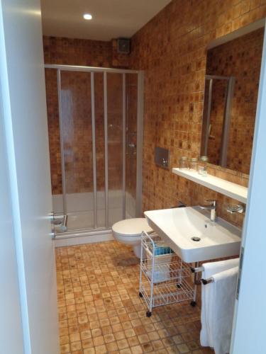 a bathroom with a shower and a sink and a toilet at Ferienhaus Am Herrenberg Casa Michele in Kesten