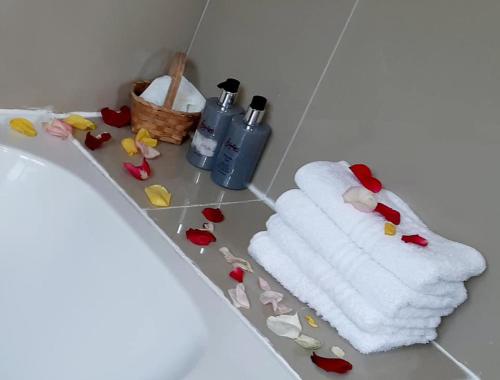 a bathroom with a towel and flowers on the floor at Bhotani-on-Bax in Port Elizabeth