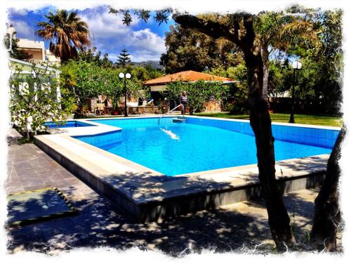 a swimming pool in a yard with a tree at Irene Villa in Ierápetra