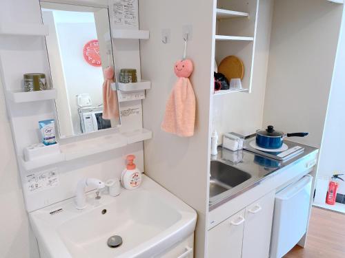 a white bathroom with a sink and a mirror at SKYE HOME in Tokyo