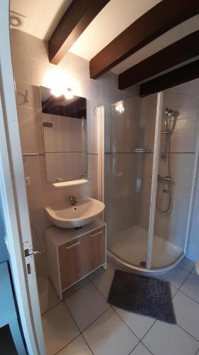 a bathroom with a sink and a shower and a toilet at Appartement SOULAC SUR MER À 500 m de la plage N 2 in Soulac-sur-Mer
