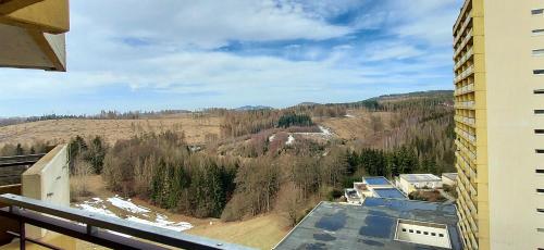 a view of a forest from a balcony of a building at Panoramic Apartments Hohegeiß in Hohegeiß
