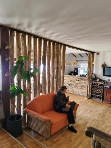 a person sitting on an orange couch in a room at Hanu lu Mos Opinca in Deva
