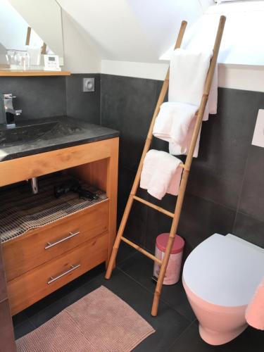 un baño con una escalera junto a un aseo y un lavabo en Studio T1BIS BORD DE PLAGE, en Saint-Lunaire
