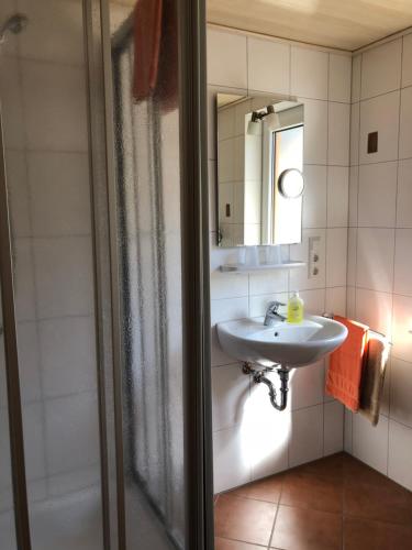 a bathroom with a sink and a mirror at Weingut und Gästehaus Holger Alt in Monzingen