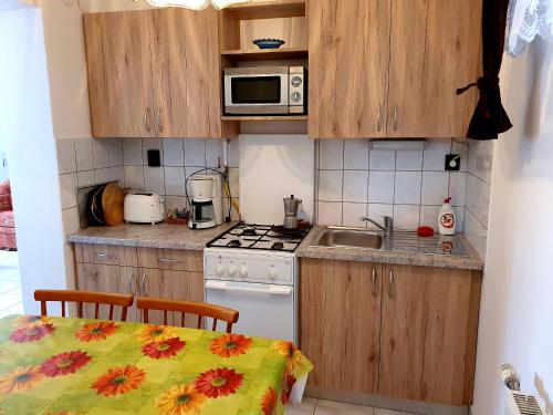 a small kitchen with a sink and a stove top oven at Szekrény Apartman in Lenti