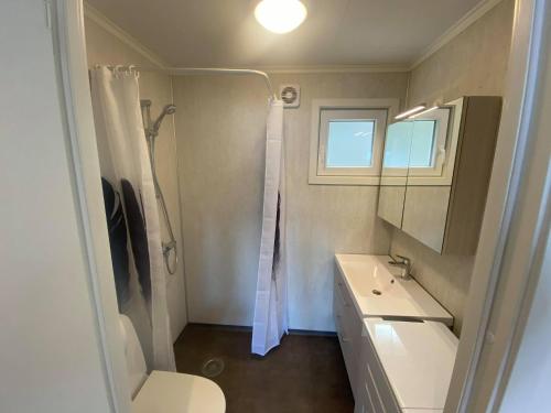 a bathroom with a toilet and a sink and a shower at Botnen Camping in Botnen