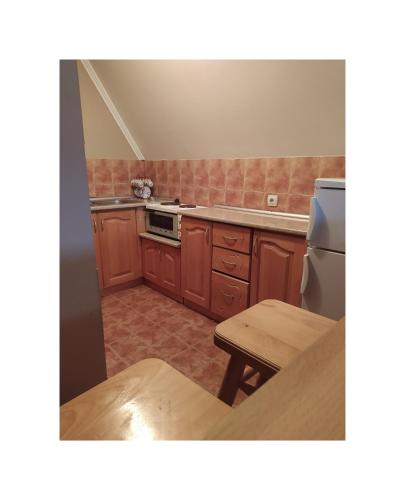 a kitchen with wooden cabinets and a refrigerator at Vila Jezero in Bajina Bašta