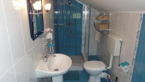 a bathroom with a sink and a toilet and a shower at Vila Europa in Sărata-Monteoru