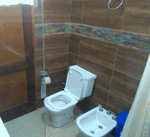 a bathroom with a toilet and a sink at Casimiro Casa de Campo - Guest's house in Colonia Carlos Pellegrini