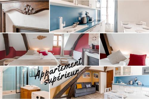 a collage of photos of a room at Au Bourg Neuf in Orléans