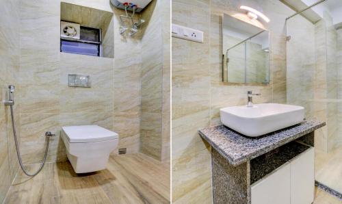 - deux photos d'une salle de bains avec toilettes et lavabo dans l'établissement Hotel Bandhan Residency, à Kolkata