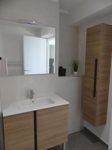 une salle de bain avec un lavabo et un miroir dans l'établissement VILLA GEORGES, au Grau-du-Roi