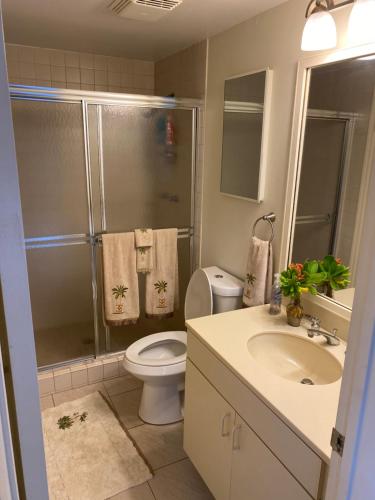 a bathroom with a toilet and a shower and a sink at Pelican Cove Condo in Christiansted