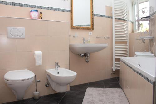 ein Badezimmer mit einem WC, einem Waschbecken und einem Spiegel in der Unterkunft Apartment aPriori-Baden-Baden in Baden-Baden