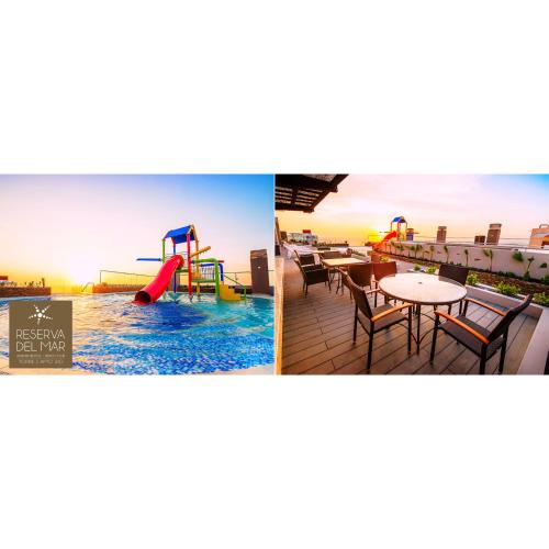two pictures of a pool with a water slide at Reserva del Mar 810 in Gaira