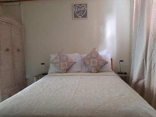 a bedroom with a large white bed with pillows at Westskye in Saint James