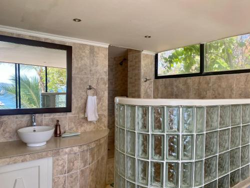 Villa Condesa Del Mar في كونتادورا: حمام مع حوض وجدار زجاجي