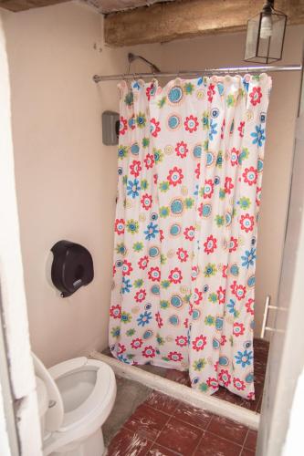 a bathroom with a shower curtain with a toilet at PATIO Alojamiento in San Miguel de Allende