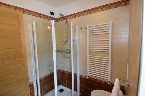 a bathroom with a shower and a toilet in it at Hotel Stella Alpina in Moena
