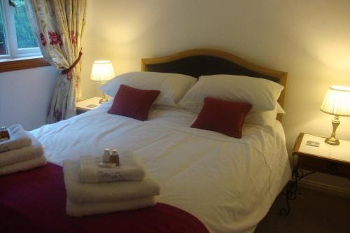 1 dormitorio con 1 cama blanca grande con almohadas rojas en Sunny House with views to Edinburgh Skyline en Edimburgo