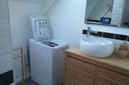 une salle de bain avec une machine à laver et un lavabo dans l'établissement Appartement dans un ancien corp de ferme, à Lorient