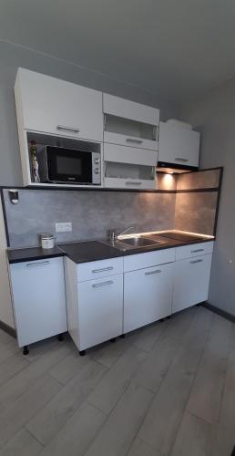 a kitchen with a sink and a microwave at Lux GUEST HOUSЕ МUKACHEVO in Mukacheve