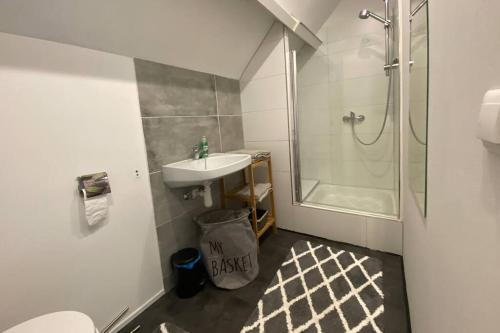 y baño con lavabo y ducha. en Family vacation in a spacious and comfortable holiday house en Bruinisse