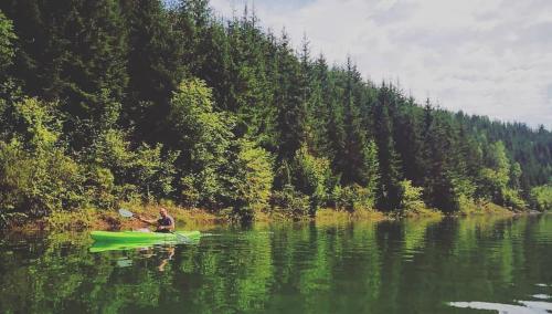 a man in a green kayak on a lake at Vila ZLATARSKA PAHULJA in Nova Varoš