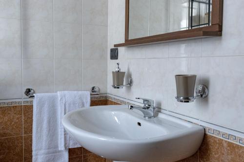 uma casa de banho com lavatório, espelho e toalhas em Da Perry em Morbegno