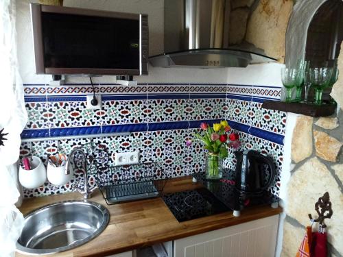 eine Küchentheke mit einem Waschbecken und einem TV in der Unterkunft Apartmenthaus Casa Palma in Bühl