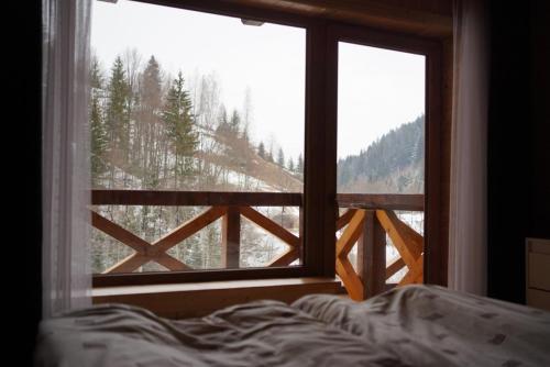 a bed looking out a window at a mountain view at Терношорська Лада in Snidavka