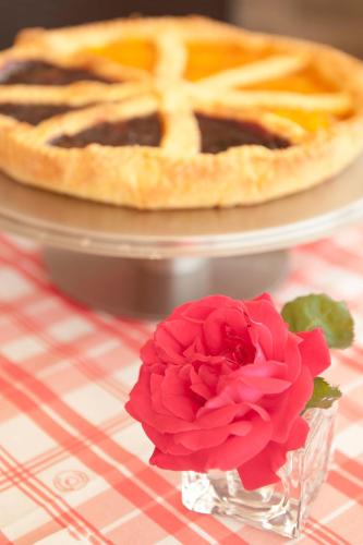 a red rose in a glass vase next to a pie at Thalassa Locanda B&B e appartamento in Arcidosso