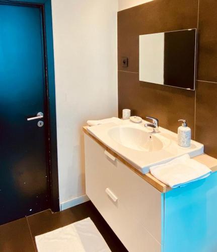 a bathroom with a white sink and a mirror at Fenêtre sur le Standard de Liège in Ougrée