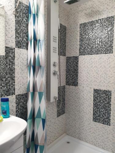 une salle de bain avec douche et lavabo dans l'établissement Casa Cinema, à Braşov