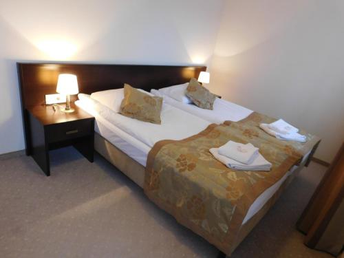 a bedroom with a bed and a night stand with two lamps at Hotel Świętoborzec in Łobez