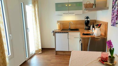 a small kitchen with a sink and a counter at Gästehaus Sonnenhügel in Möhnesee