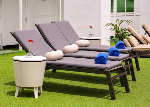 a bench sitting on the grass with blue roses on it at Hotel LIVVO Fataga in Las Palmas de Gran Canaria