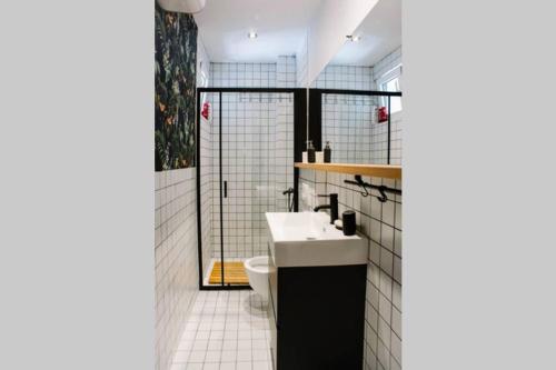 uma casa de banho com um lavatório e um WC em MILLENNIUM bridge cozy apartment TOP location em Podgorica
