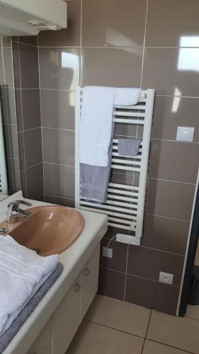 une salle de bain avec un lavabo, un miroir et des serviettes dans l'établissement Appartement tout confort au milieu de la Margeride, à Châteauneuf-de-Randon